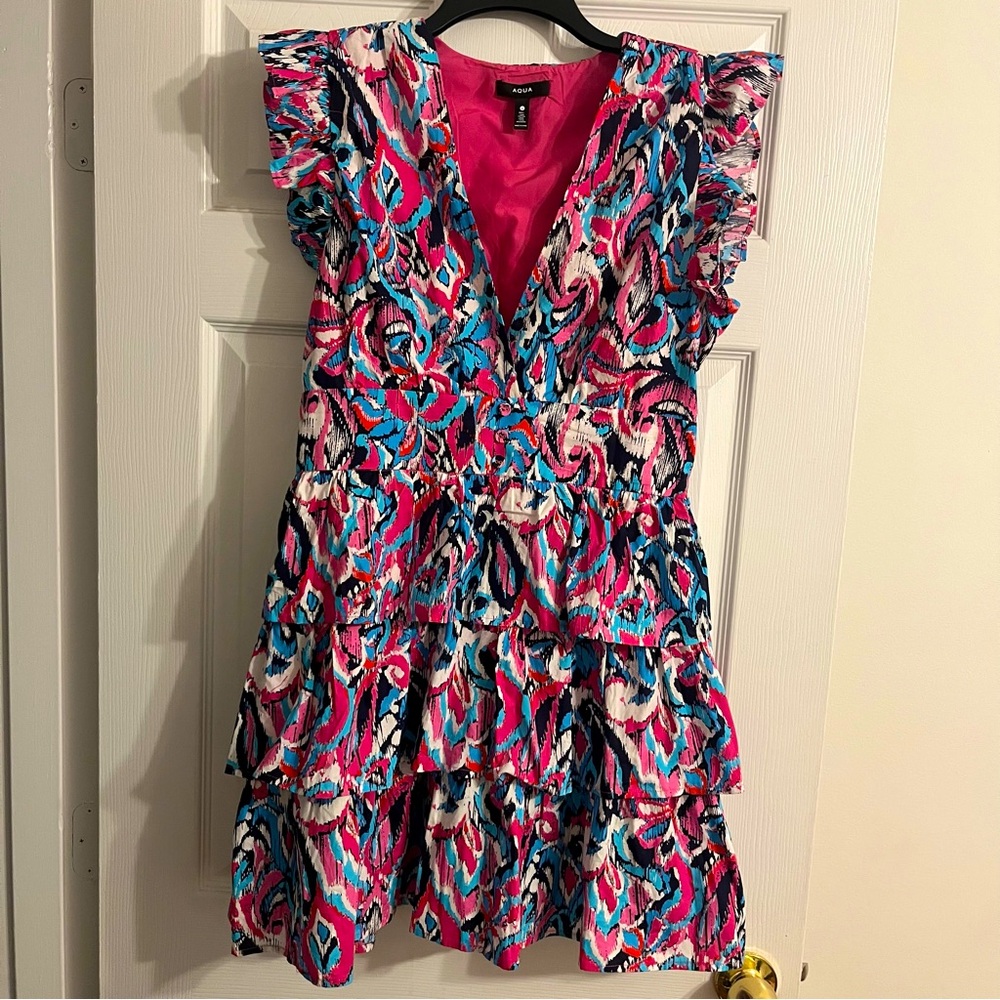 Aqua Multicolor Abstract v neck Dress mini short dress with ruffles tiered